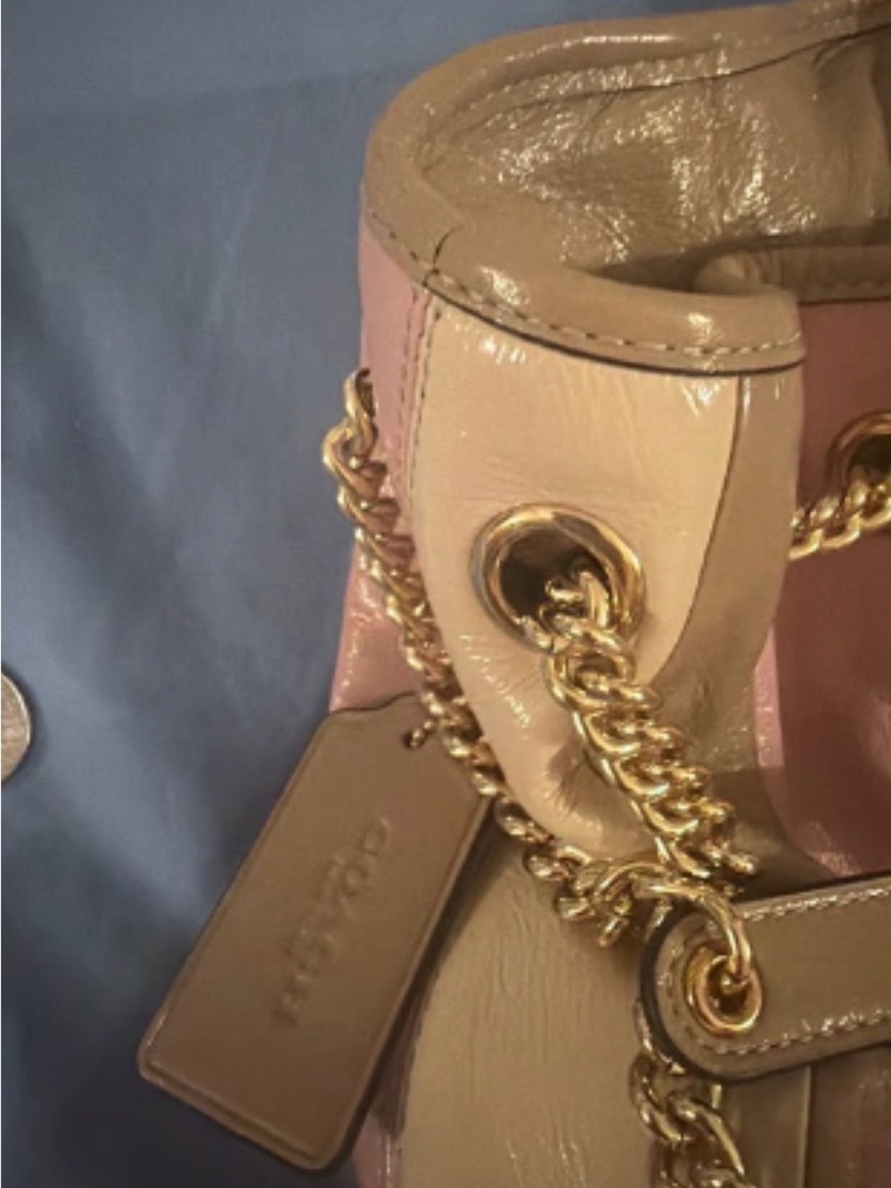 Coach Evelyn shoulder bag, pink, gold and tan stripped bag. New smoke free home